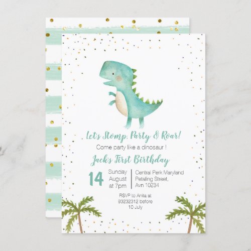 Boy Dinosaur Birthday Gold Mint Blue Invitation