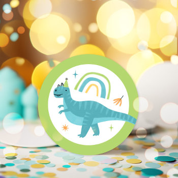 Boy Dinosaur Birthday Party Favors Classic Round Sticker by PixelPerfectionParty at Zazzle