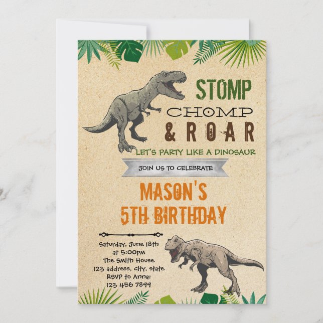 Boy dinosaur birthday theme invitation (Front)