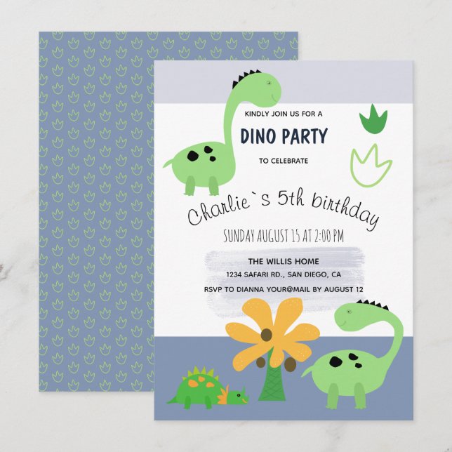 Boy Dinosaur Jurassic Birthday Party Announcement (Front/Back)