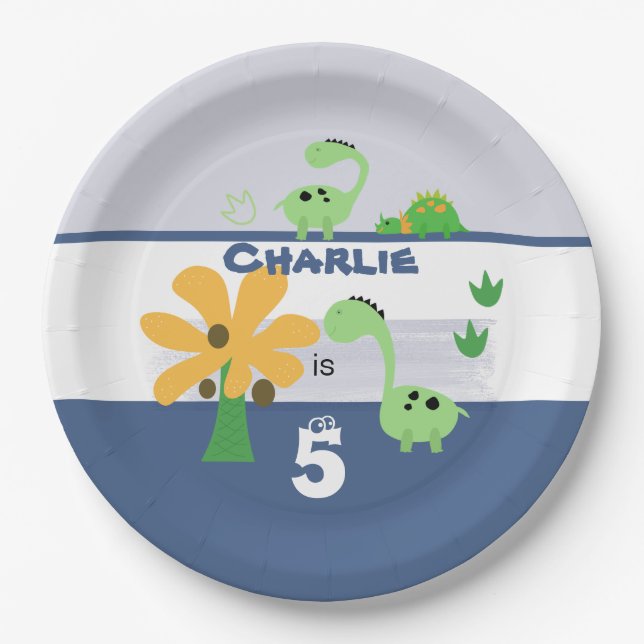 Boy Dinosaur Jurassic Birthday Party Paper Plates (Front)
