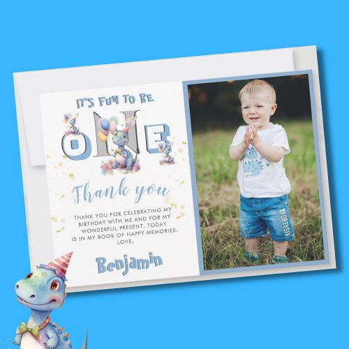 Boy Dinosaur Personalized Photo First Birthday  Thank You Card