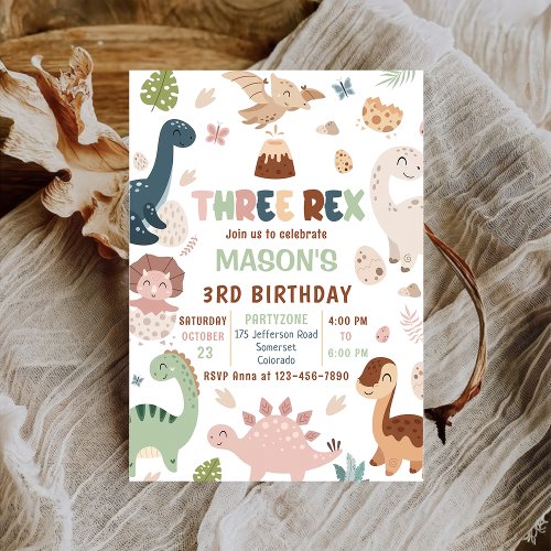 Boy Dinosaur Three Rex 3rd Birthday Invitation