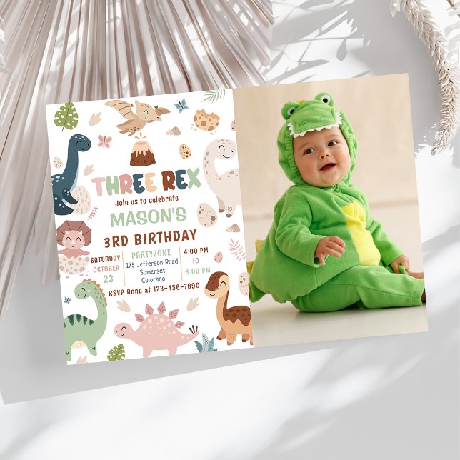 Boy Dinosaur Three Rex 3rd Birthday Photo Invitation (Creator Uploaded)