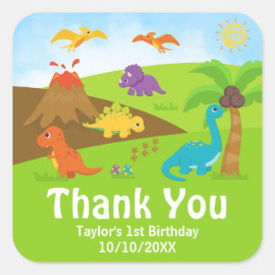 Boy Dinosaurs Birthday Party Thank You Square Stic Sticker