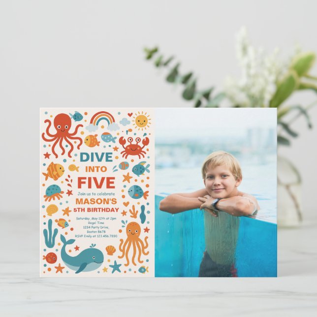 Boy Dive Into Five 5th Birthday Party Photo Invitation (Standing Front)