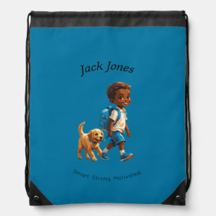 Boy & Dog Back to School Custom Design Drawstring Bag