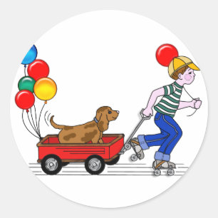Boy, Dog, Wagon and Balloons copy Classic Round Sticker