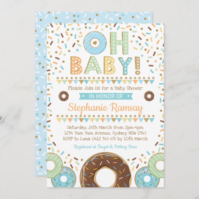 Boy Donut Baby Shower Sprinkle Invitation Donut (Front/Back)