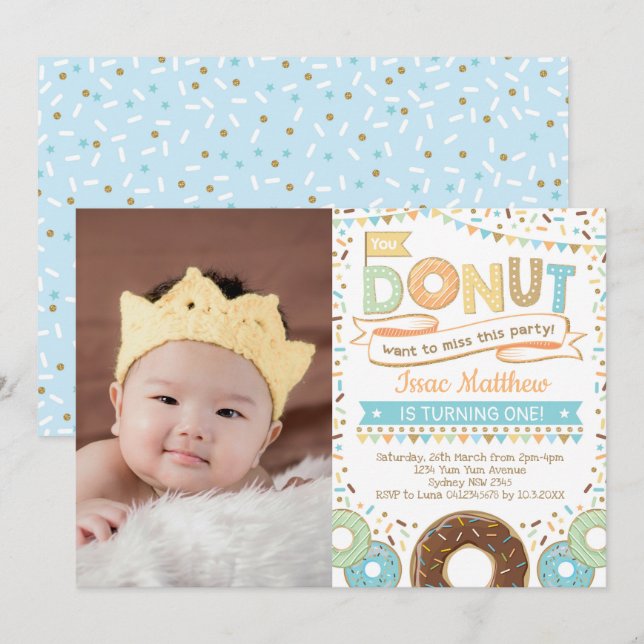 Boy Donut Invitation Cute Donut Birthday Party (Front/Back)