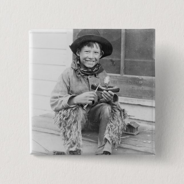Boy Dressed as Cowboy with Toys Button (Front)