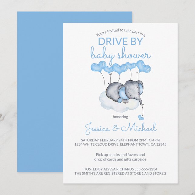 Boy Drive By Baby Shower Blue Elephant on Cloud Invitation (Front/Back)