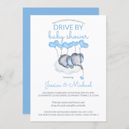 Boy Drive By Baby Shower Blue Elephant on Cloud Invitation