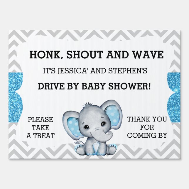 Boy Drive By Baby Shower Elephant Chevron Glitter Sign (Front)