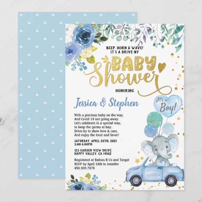 Boy Drive By Baby Shower Parade Blue Elephant Invitation (Front/Back)