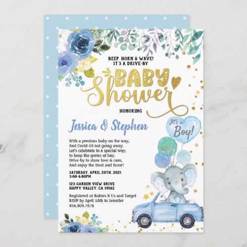 Boy Drive By Baby Shower Parade Blue Elephant Invitation