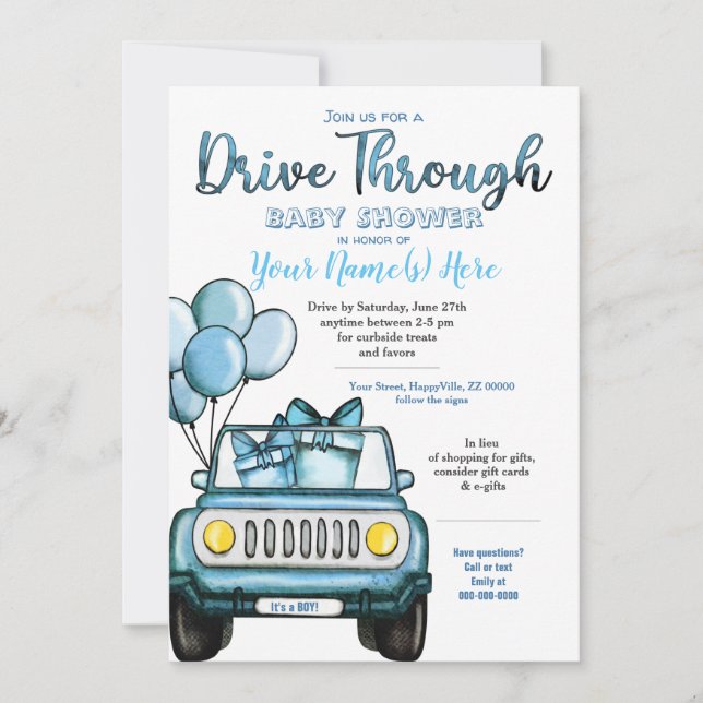 Boy Drive Through Baby Shower Blue Card (Front)