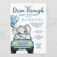Boy Drive Through Baby Shower Elephant in Car Invitation