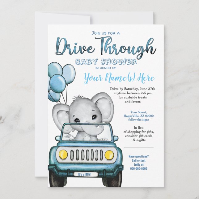 Boy Drive Through Baby Shower Elephant in Car Invitation (Front)