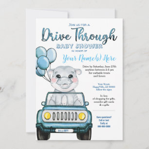 Boy Drive Through Baby Shower Hippopotamus in Car Invitation