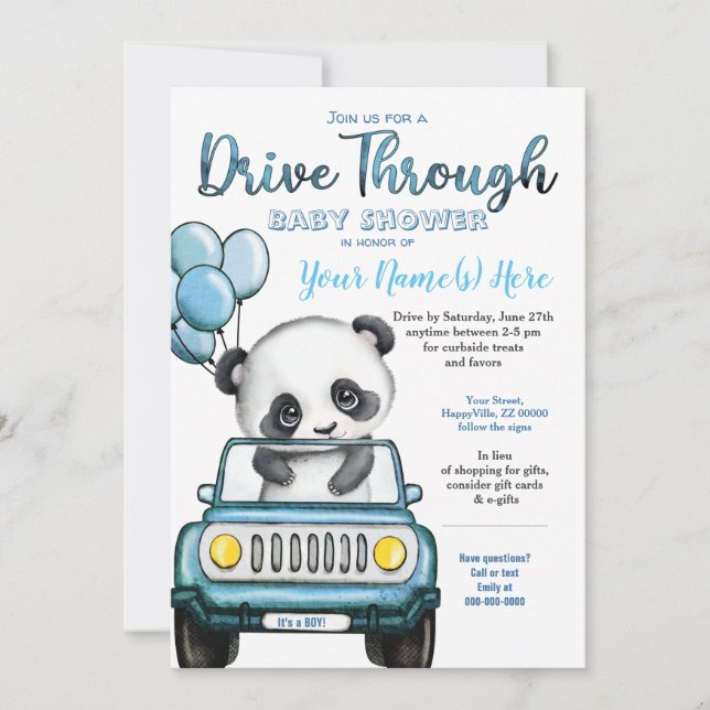 Boy Drive Through Baby Shower Panda Car Invitation (Front)