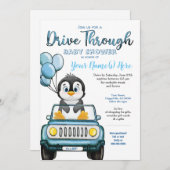 Boy Drive Through Baby Shower Penguin in Car Invitation (Front/Back)