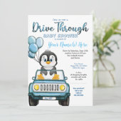 Boy Drive Through Baby Shower Penguin in Car Invitation (Standing Front)