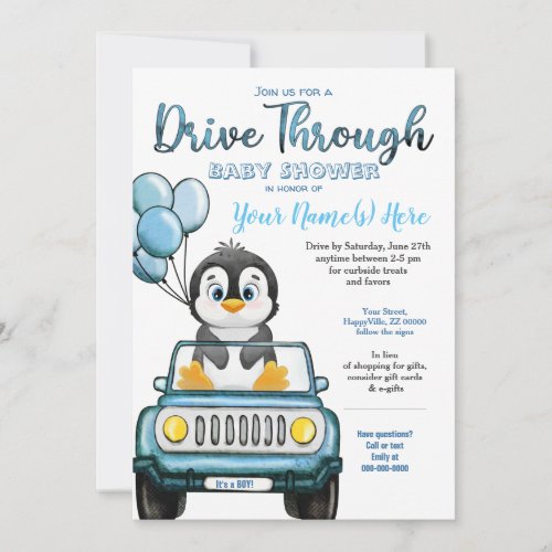 Boy Drive Through Baby Shower Penguin in Car Invitation