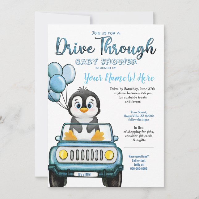Boy Drive Through Baby Shower Penguin in Car Invitation (Front)