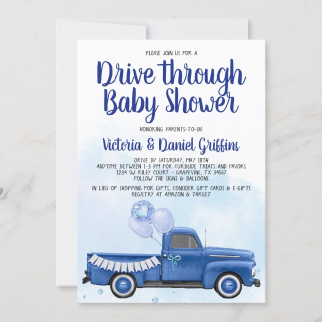 Boy Drive Through Covid Baby Shower Truck Invitation (Front)