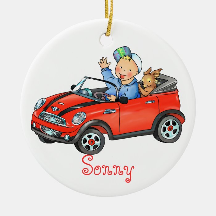 Boy Driving Red Toy Car Ornament