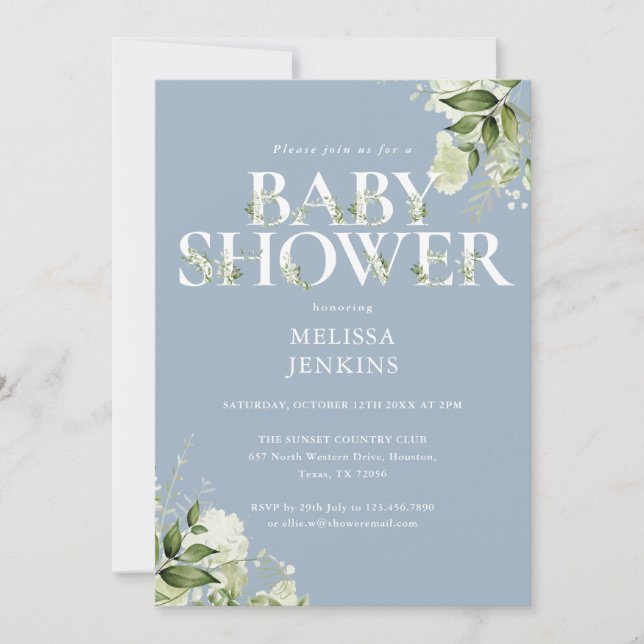 Boy Dusty Blue Greenery All In One Baby Shower Invitation (Front)