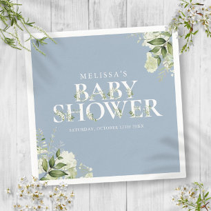 Boy Dusty Blue Greenery Foliage Baby Shower Napkins