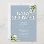 Boy Dusty Blue Greenery Foliage Letter Baby Shower Invitation (Front)