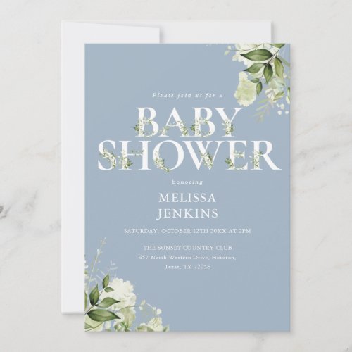 Boy Dusty Blue Greenery QR Code Baby Shower Invitation