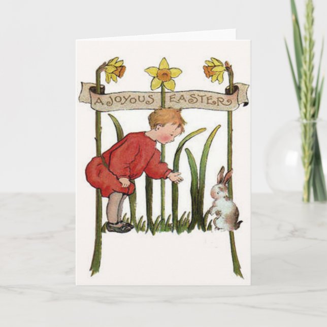 Boy Easter Bunny Daffodil Jonquil Holiday Card (Front)