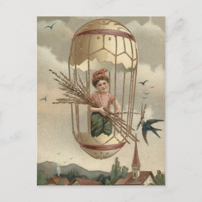 Boy Easter Egg Bird Sky Air Balloon Holiday Postcard (Front)