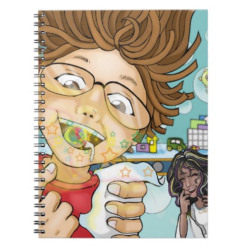 Boy eating candies black tooth fairy toys notebook