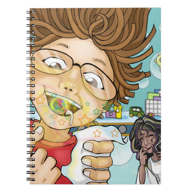 Boy eating candies, (black) tooth fairy, toys notebook (Front)