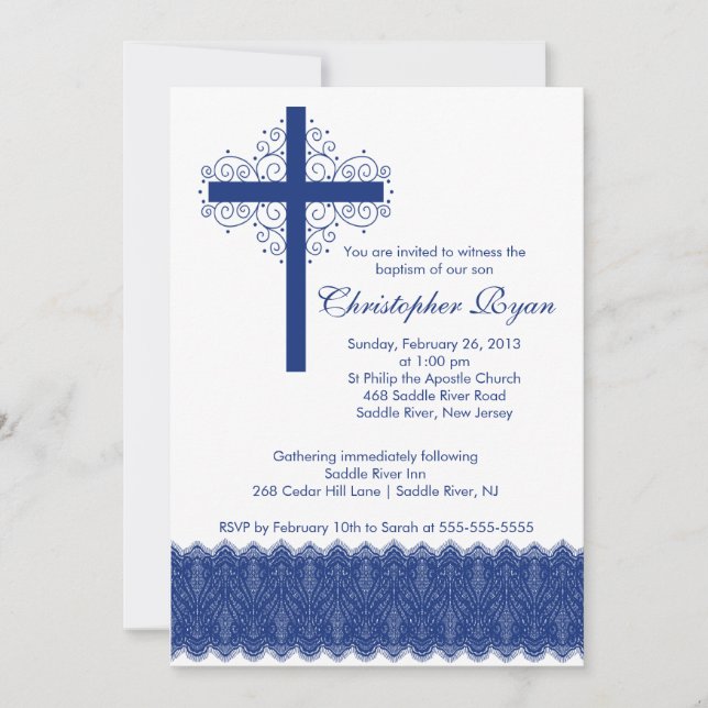 Boy Elegant Lace  Baptism | Christening Cross Invitation (Front)