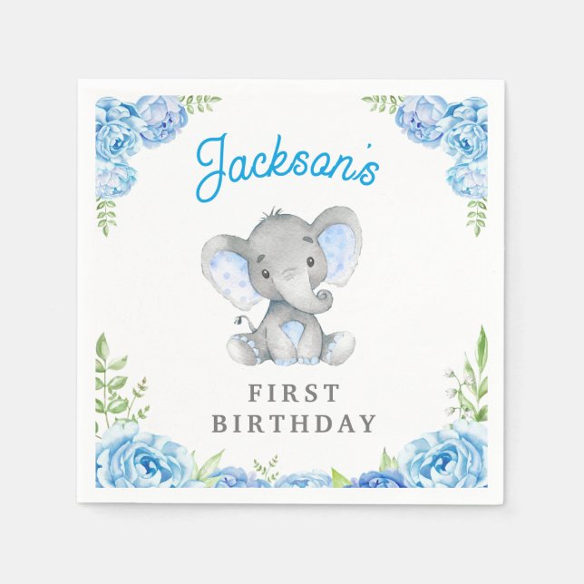 Boy Elephant 1st 2nd Birthday Party Little Peanut Napkins (Front)
