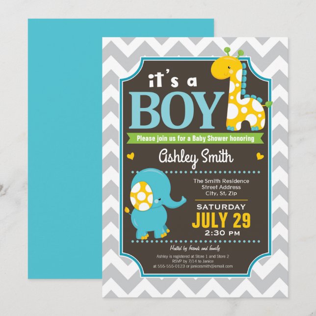Boy Elephant and Giraffe Baby Shower Invitation (Front/Back)