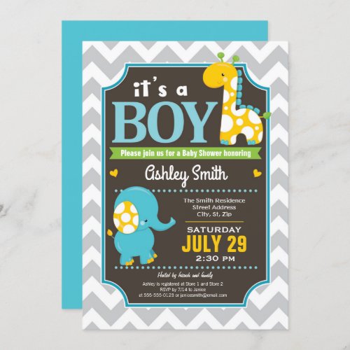 Boy Elephant and Giraffe Baby Shower Invitation