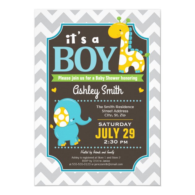 Boy Elephant And Giraffe Baby Shower Invitation