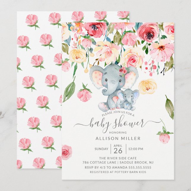 Boy Elephant and Mom Pink Peonies Baby Shower Invitation (Front/Back)