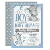 Boy Elephant and Zebra Baby Shower Invitation