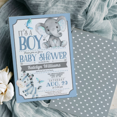 Boy Elephant And Zebra Baby Shower Invitation