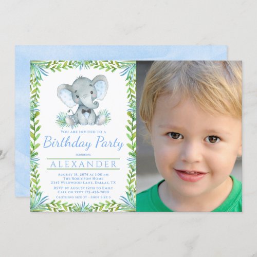 Boy Elephant Any Number Photo Birthday Party Invitation