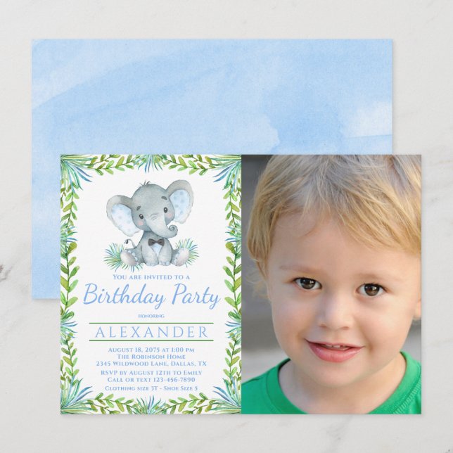 Boy Elephant Any Number Photo Birthday Party Invitation (Front/Back)