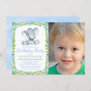 Boy Elephant Any Number Photo Birthday Party Invitation